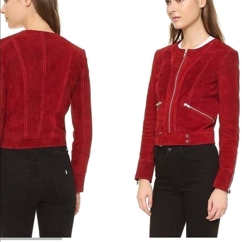 IRO Tatiana Red Suede Leather Jacket Silver Zippers Buckle Belt Fall Size 8 (40) - Picture 2 of 13